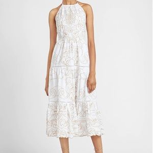 Express White Midi Halter Dress with Cream Embroidery
